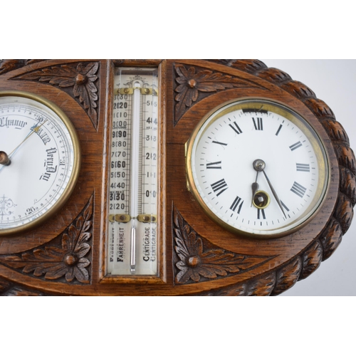 285 - Early 20th century wall hanging barometer clock with central thermometer, bevelled glass, in carved ... 