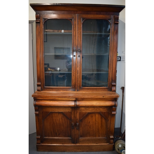 290 - Large 19th century mahogany estate made glazed bookcase, original blue paint to interior, adjustable... 