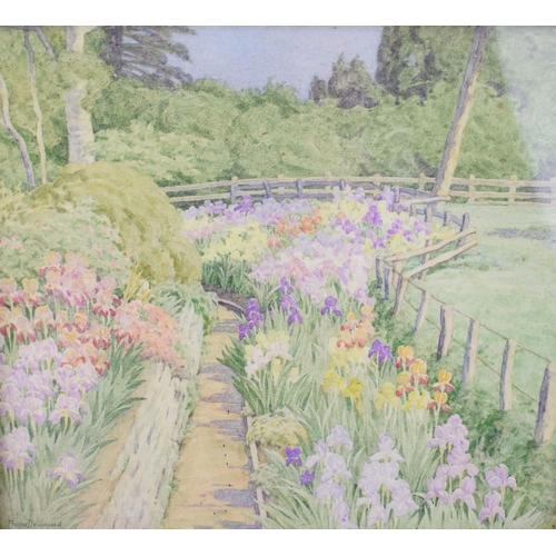 304 - Watercolour by Frances Drummond, Kent garden scene. c1930s. Including frame 38cm x 34.5cm.