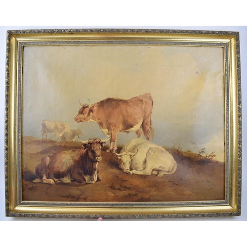 306 - Oil on canvas of Longhorn cattle at rest on mountainous grounds, circa 18th or earlier, with backgro... 