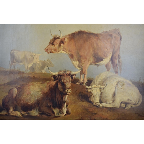 306 - Oil on canvas of Longhorn cattle at rest on mountainous grounds, circa 18th or earlier, with backgro... 