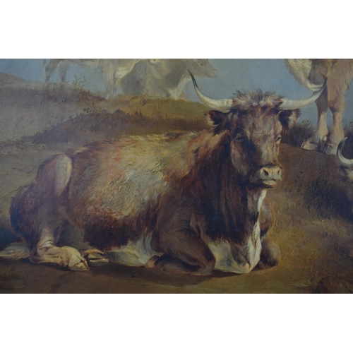 306 - Oil on canvas of Longhorn cattle at rest on mountainous grounds, circa 18th or earlier, with backgro... 