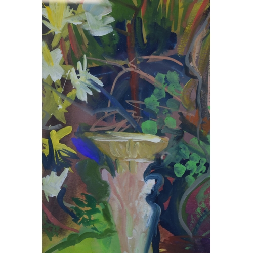 311 - Georgia Wild (local Stone artist) painting of a birdbath amongst foliage, 37x22cm, framed and glazed... 