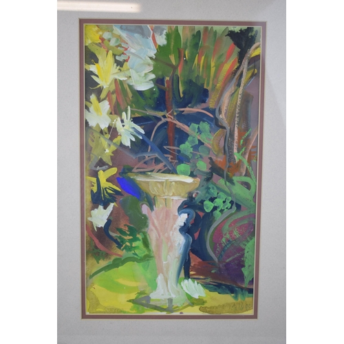 311 - Georgia Wild (local Stone artist) painting of a birdbath amongst foliage, 37x22cm, framed and glazed... 