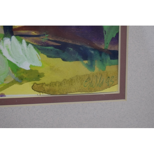 311 - Georgia Wild (local Stone artist) painting of a birdbath amongst foliage, 37x22cm, framed and glazed... 