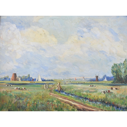 312 - N Filbee oil on canvas panel of South Walsham Marshes, with St Benet Abbey in the distance, Norfolk ... 