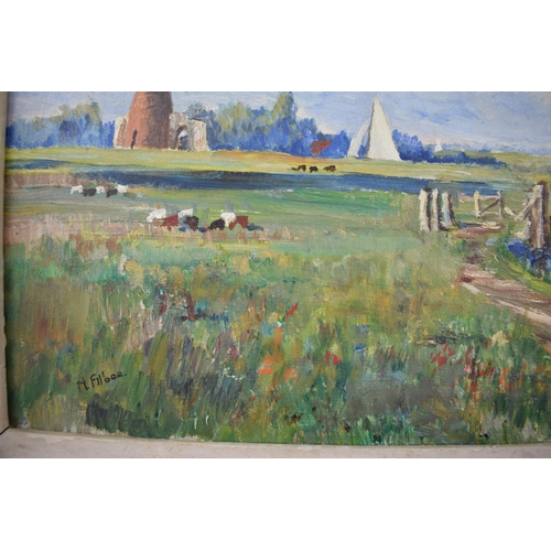 312 - N Filbee oil on canvas panel of South Walsham Marshes, with St Benet Abbey in the distance, Norfolk ... 