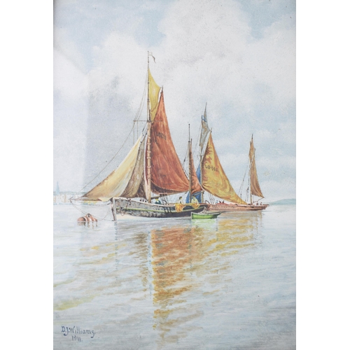 314 - D J Williams: a pair of oil on board paintings of harbour scenes with vessels, both dated 1911, sign... 