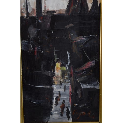 317 - Frederick J. England. (Brittish 1939-) oil on board 'Smokey City' Signed. 16cm x 41cm.