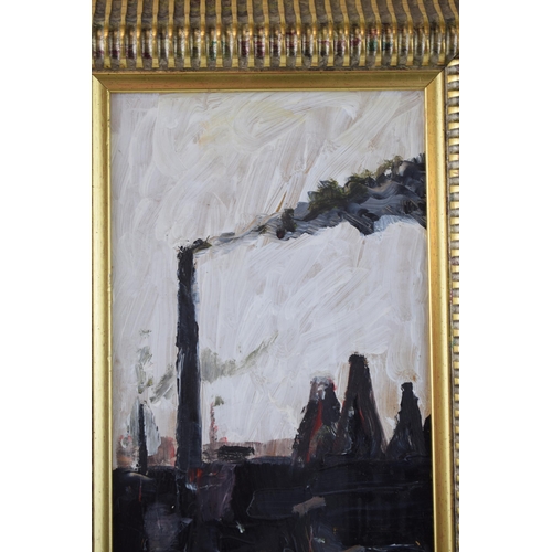 317 - Frederick J. England. (Brittish 1939-) oil on board 'Smokey City' Signed. 16cm x 41cm.