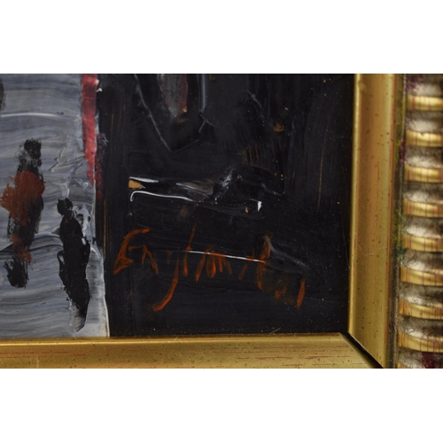 317 - Frederick J. England. (Brittish 1939-) oil on board 'Smokey City' Signed. 16cm x 41cm.