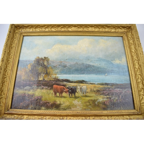 331 - Henry Hadfield Cubley (1858-1934): an oil on panel of a mountainous scene featured Highland cattle, ... 