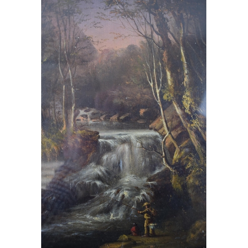 333 - 19th century oil on board of a mountainous fishing scene, with a fisherman, 30cmx23cm, in period gil... 