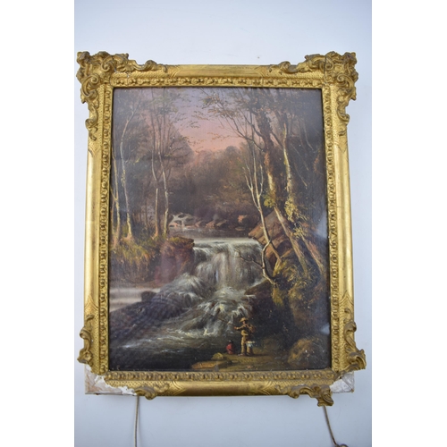 333 - 19th century oil on board of a mountainous fishing scene, with a fisherman, 30cmx23cm, in period gil... 