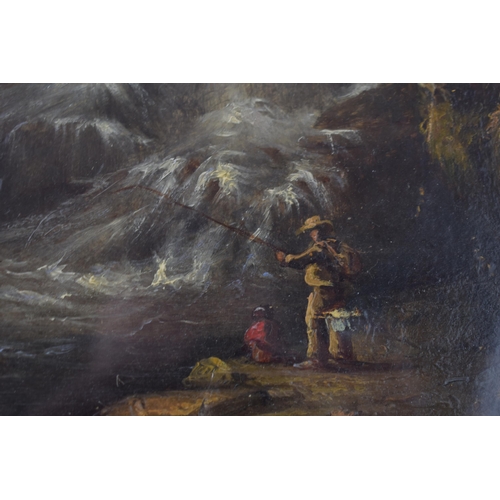 333 - 19th century oil on board of a mountainous fishing scene, with a fisherman, 30cmx23cm, in period gil... 