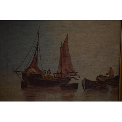 334 - A collection of original artwork to include  an oil on board of a sailing scene in gilt frame, a boa... 