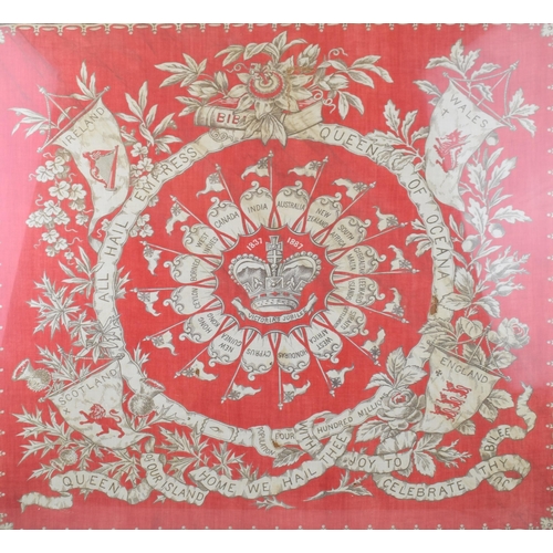 335 - A framed commemorative cloth celebrating Queen Victoria's Golden Jubilee. Victoria crown to centre w... 