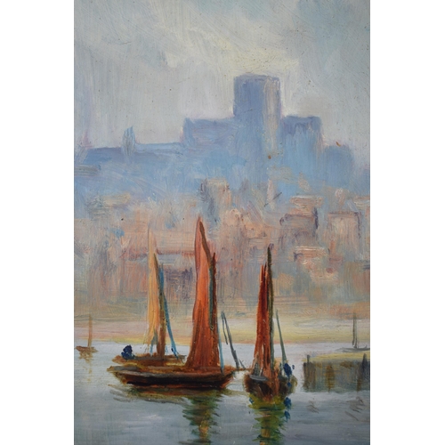 336 - An early 20th century oil on board of a harbour scene with castle in the background, possibly a sket... 