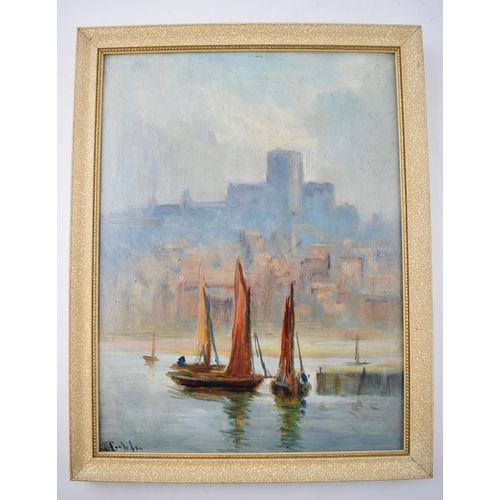 336 - An early 20th century oil on board of a harbour scene with castle in the background, possibly a sket... 