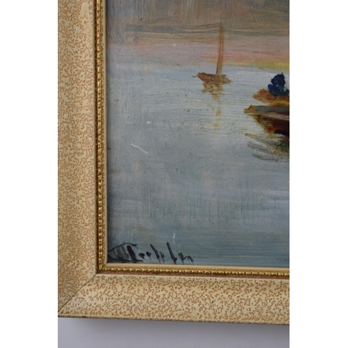 336 - An early 20th century oil on board of a harbour scene with castle in the background, possibly a sket... 