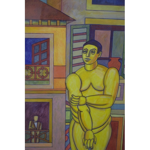 338 - Modern School, cubist style, painting of a man with buildings to background, 58 x 43cm, framed and g... 