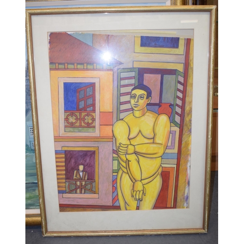 338 - Modern School, cubist style, painting of a man with buildings to background, 58 x 43cm, framed and g... 