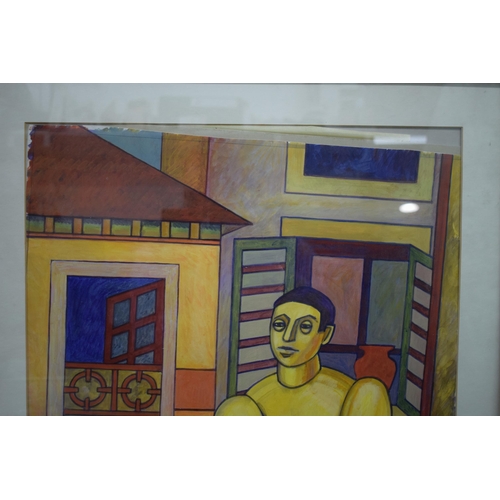 338 - Modern School, cubist style, painting of a man with buildings to background, 58 x 43cm, framed and g... 