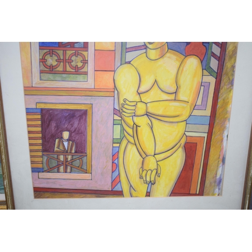 338 - Modern School, cubist style, painting of a man with buildings to background, 58 x 43cm, framed and g... 