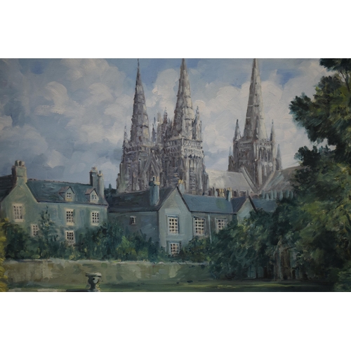 339 - Ivan Taylor (British 1946-) an oil on board of Lichfield Cathedral featuring the three spires, in mo... 