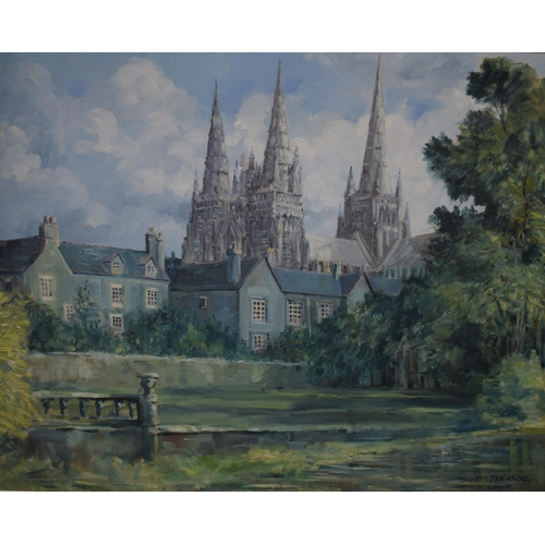 339 - Ivan Taylor (British 1946-) an oil on board of Lichfield Cathedral featuring the three spires, in mo... 