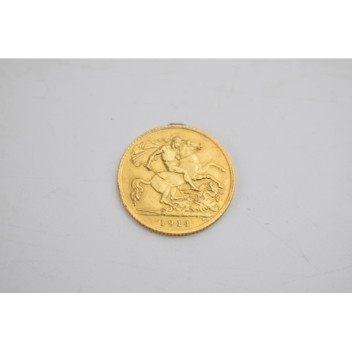 348 - 22ct gold half sovereign 1914, (ex-mounted).