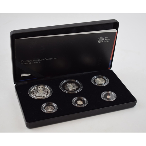 350A - Royal Mint 2014 Britannia silver proof six coin set, boxed with certificate, in cardboard sleeve.