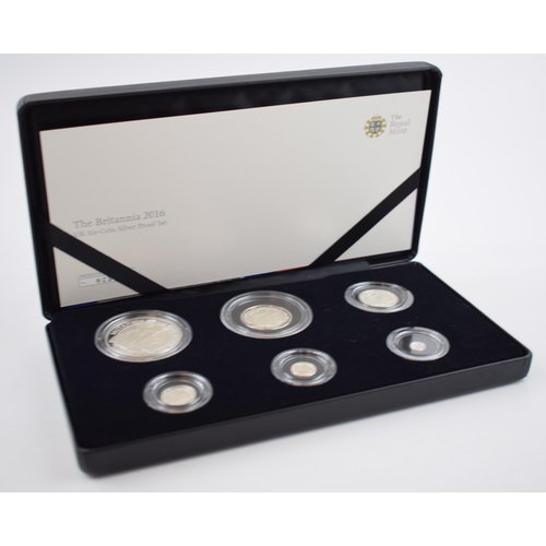 352 - Royal Mint 2016 Britannia silver proof six coin set, boxed with certificate, in cardboard sleeve.