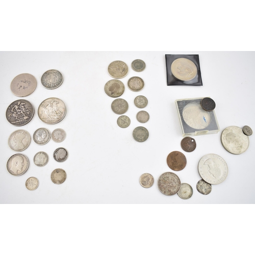 356 - Coins to include British Pre-1920 silver coins such as 2 Victorian Crowns and an early Georgian exam... 