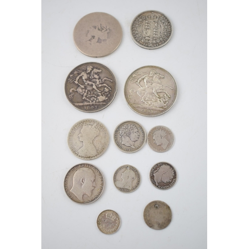 356 - Coins to include British Pre-1920 silver coins such as 2 Victorian Crowns and an early Georgian exam... 