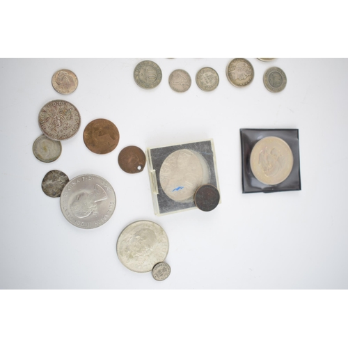 356 - Coins to include British Pre-1920 silver coins such as 2 Victorian Crowns and an early Georgian exam... 