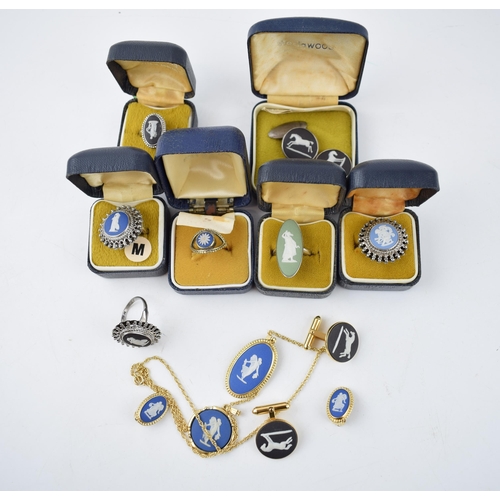 64 - A collection of Wedgwood Jewellery to include 6 silver Jasperware rings, a pair of silver mounted cu... 