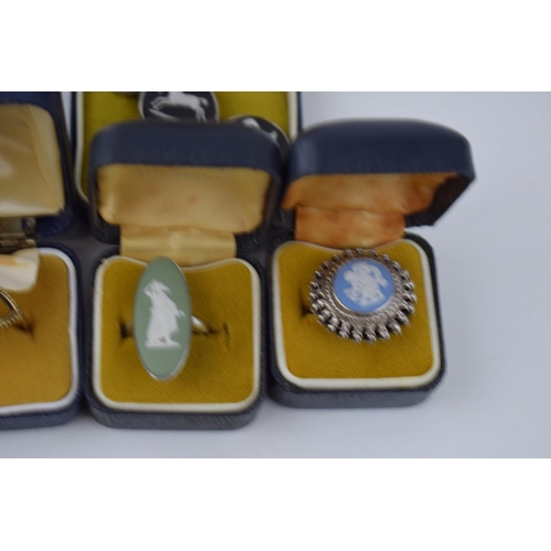 64 - A collection of Wedgwood Jewellery to include 6 silver Jasperware rings, a pair of silver mounted cu... 