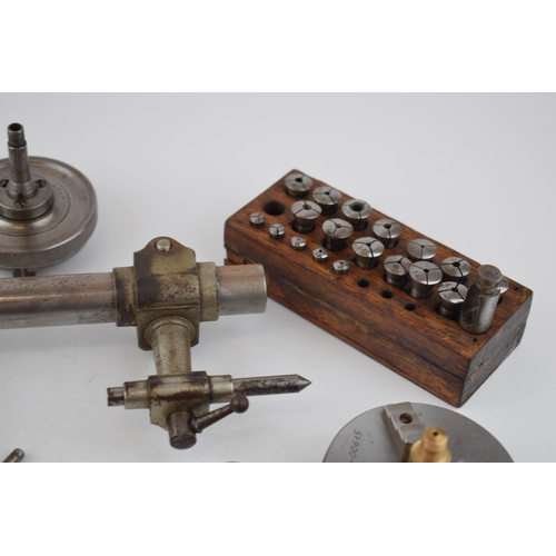 370 - Wolf Jahn watchmaker's lathe, collet set and chucks together with attachments. 25cm.