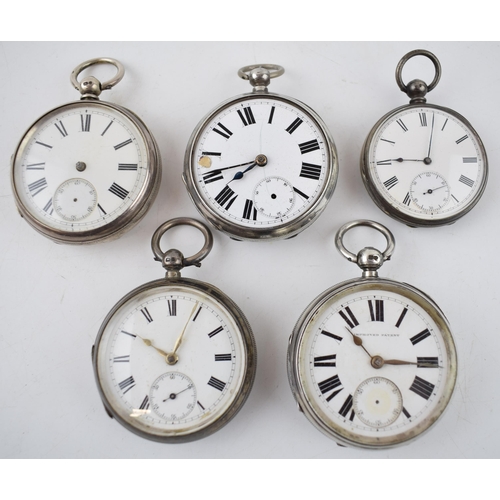 372 - A collection of 5 antique hallmarked silver pocket watches. Case diameters approx 55mm. (5)