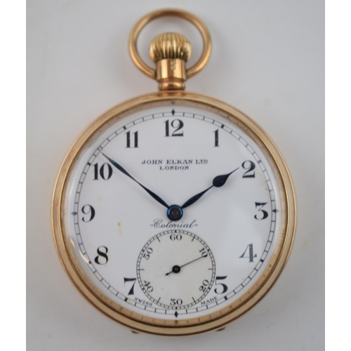 388 - 9ct gold cased open face top wind pocket watch, John Elkan Ltd London, 'Colonial', in working order,... 