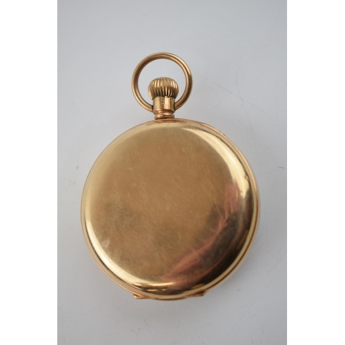 388 - 9ct gold cased open face top wind pocket watch, John Elkan Ltd London, 'Colonial', in working order,... 