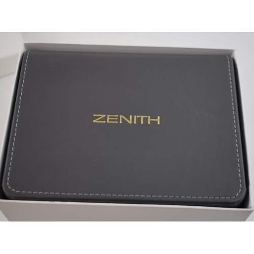 392 - Boxed Zenith 9ct gold ladies wristwatch on 9ct gold bracelet, with white dial, 18mm wide, 22.1 grams... 