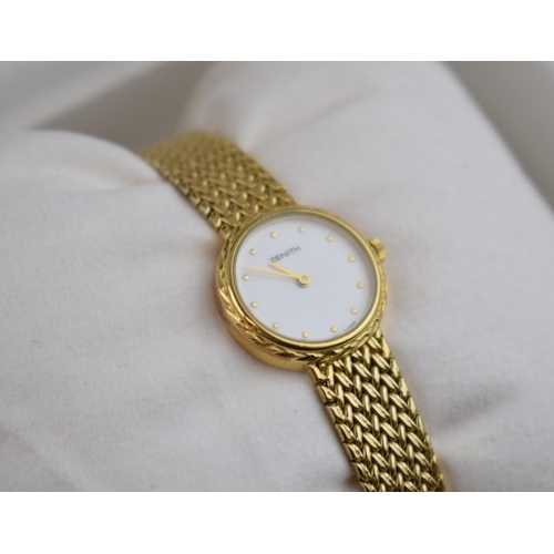 392 - Boxed Zenith 9ct gold ladies wristwatch on 9ct gold bracelet, with white dial, 18mm wide, 22.1 grams... 