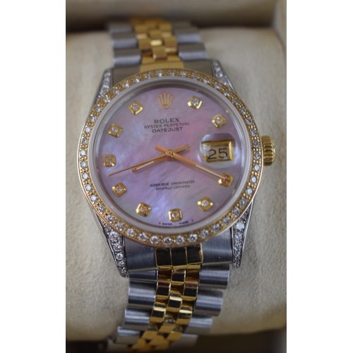 396 - Rolex Oyster Perpetual Datejust bi-metal, 18ct gold and stainless steel Jubilee bracelet. Diamond en... 