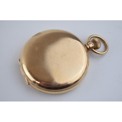 400 - 9ct gold full hunter pocket watch, top wind, roman numerals to white dial, winds, ticks, sets and ru... 