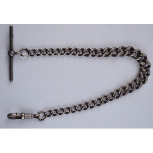 402 - Hallmarked silver albert chain / watch chain, with T bar, 26.6 grams, graduated links, 23cm long.