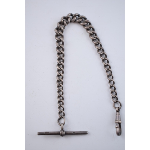 402 - Hallmarked silver albert chain / watch chain, with T bar, 26.6 grams, graduated links, 23cm long.