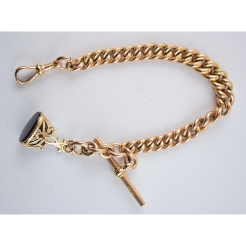 403 - 9ct gold graduated watch / albert chain with hallmarked T-bar, 9ct gold fob, each link stamped, hall... 