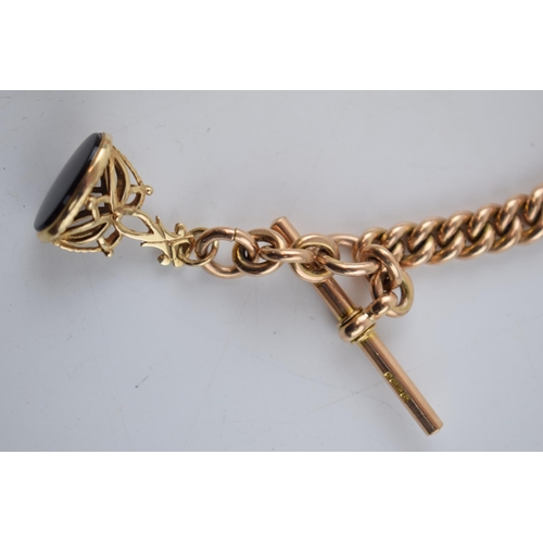 403 - 9ct gold graduated watch / albert chain with hallmarked T-bar, 9ct gold fob, each link stamped, hall... 